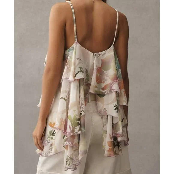 By Anthropologie Tiered Ruffled Blouse Chiffon Light Pastel Floral M - Picture 3 of 5